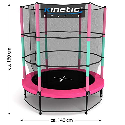 Kinetic Sports Trampolin Kinder Indoortrampolin Jumper 140 cm Randabdeckung Stangen gepolstert, Gummiseil-Federung Sicherheitsnetz Pink - 7