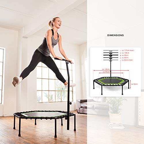 SportPlus Fitness-Trampolin, TÜV-Geprüft, Ø 126cm, leise Gummiseilfederung, 5-fach höhenverstellbarer Haltegriff, inkl. Randabdeckung, Nutzergewicht bis 130kg, Trampolin für Jumping Fitness - 5