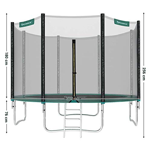 SONGMICS Trampolin Ø 305 cm, rundes Gartentrampolin mit Sicherheitsnetz, mit Leiter und gepolsterten Stangen, Sicherheitsabdeckung, TÜV Rheinland getestet, sicher, Outdoor, schwarz, Grün STR10GN - 6
